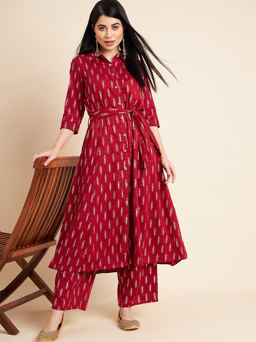 

Sangria Ethnic Motifs Printed Pure Cotton A-Line Kurta With Palazzo, Maroon