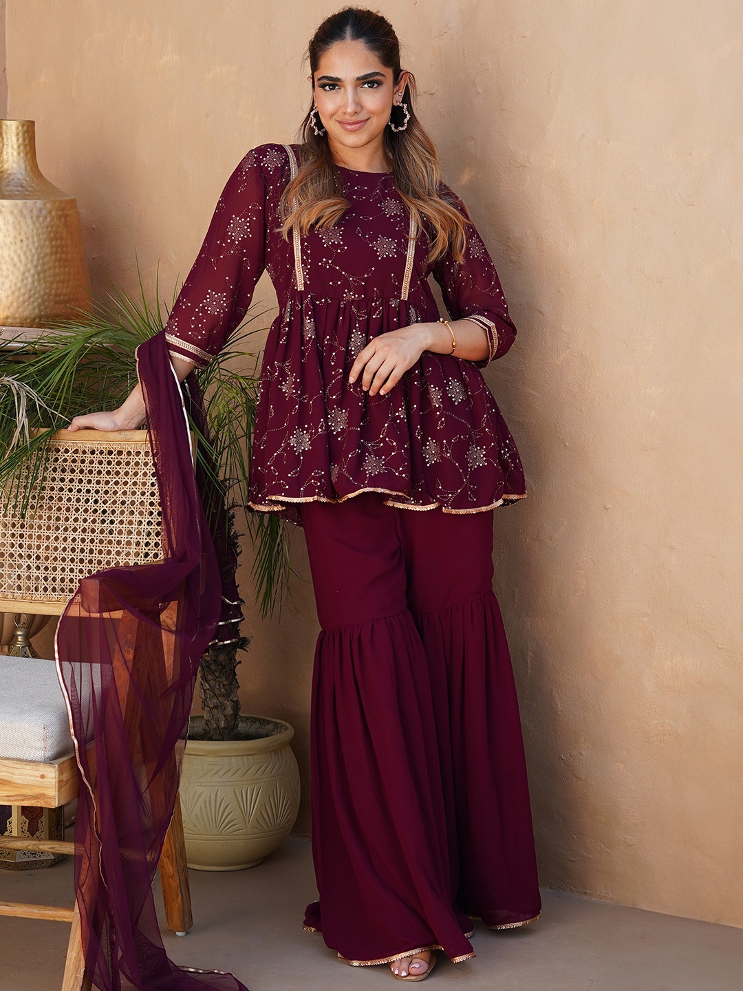 

Libas Floral Embroidered Pleated Gotta Patti Kurti with Sharara & Dupatta, Burgundy