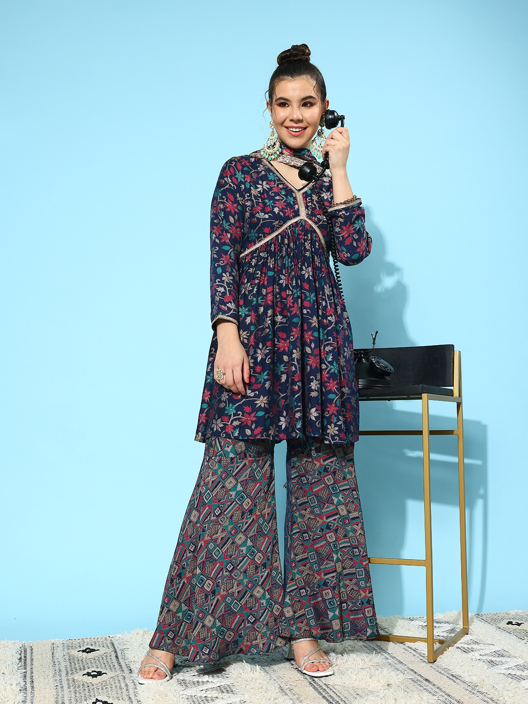 

Libas Floral Printed Pleated Gotta Patti Kurti with Sharara & Dupatta, Navy blue