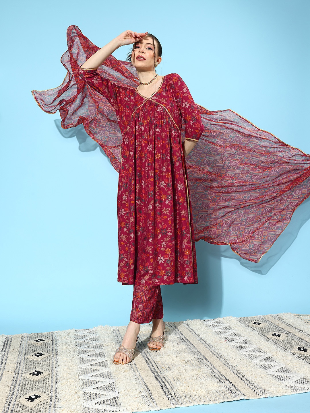 

Libas Floral Printed High Slit Gotta Patti Kurta with Trousers & Dupatta, Red