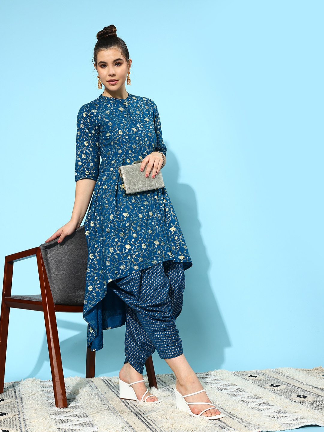 

Libas Floral Printed Pleated Kurta with Dhoti Pants, Blue