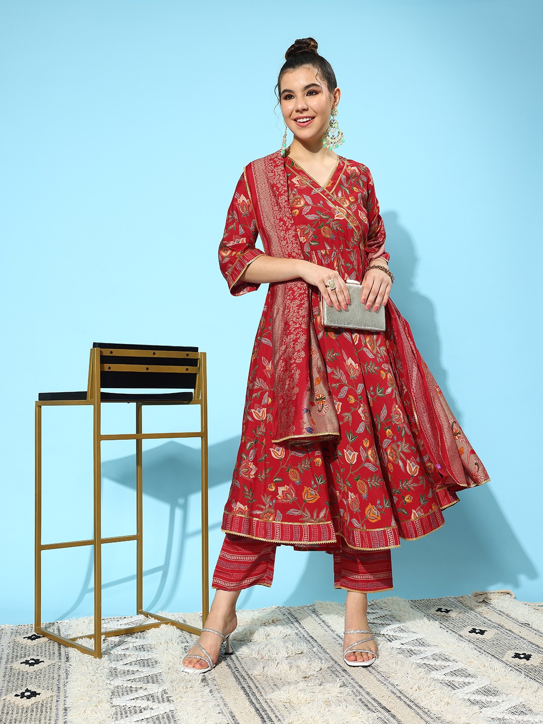 

Libas Floral Printed Pleated Gotta Patti Kurta with Trousers & Dupatta, Red