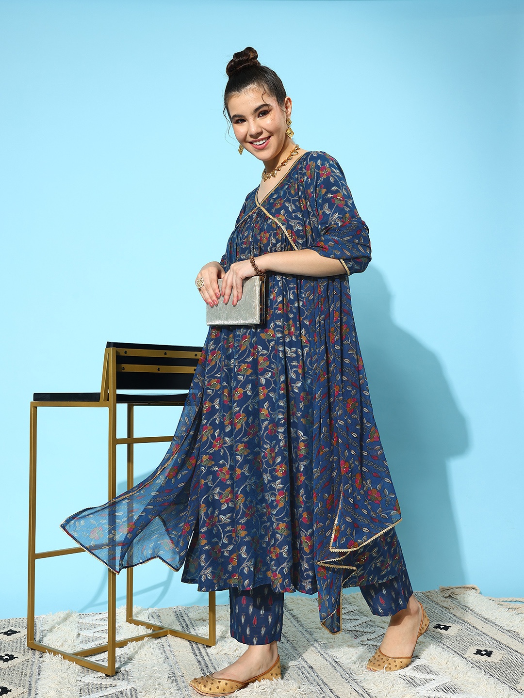 

Libas Floral Printed High Slit Gotta Patti Kurta with Trousers & Dupatta, Navy blue