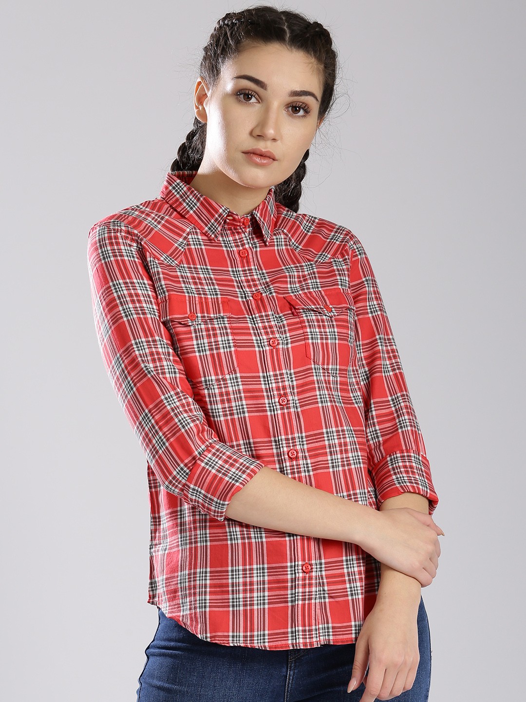 

Levis Women Red Slim Fit Checked Casual Shirt