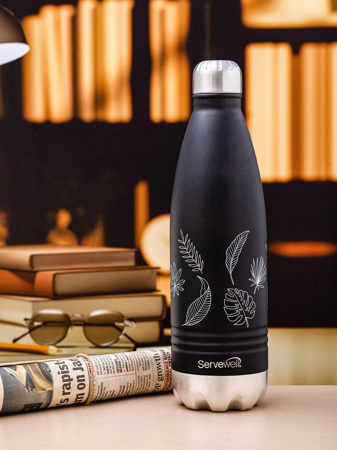 

Servewell Indus Black Printed Leak Proof Water Bottle - 1 L