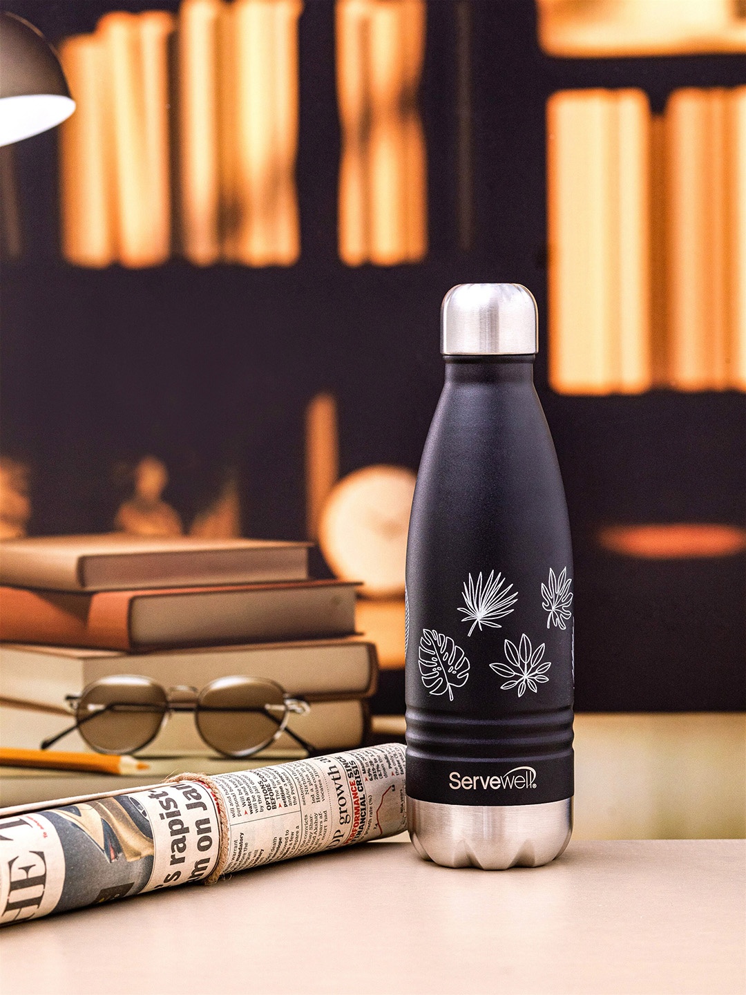 

Servewell Indus Black Vacuum Printed Water Bottle - 500 ML