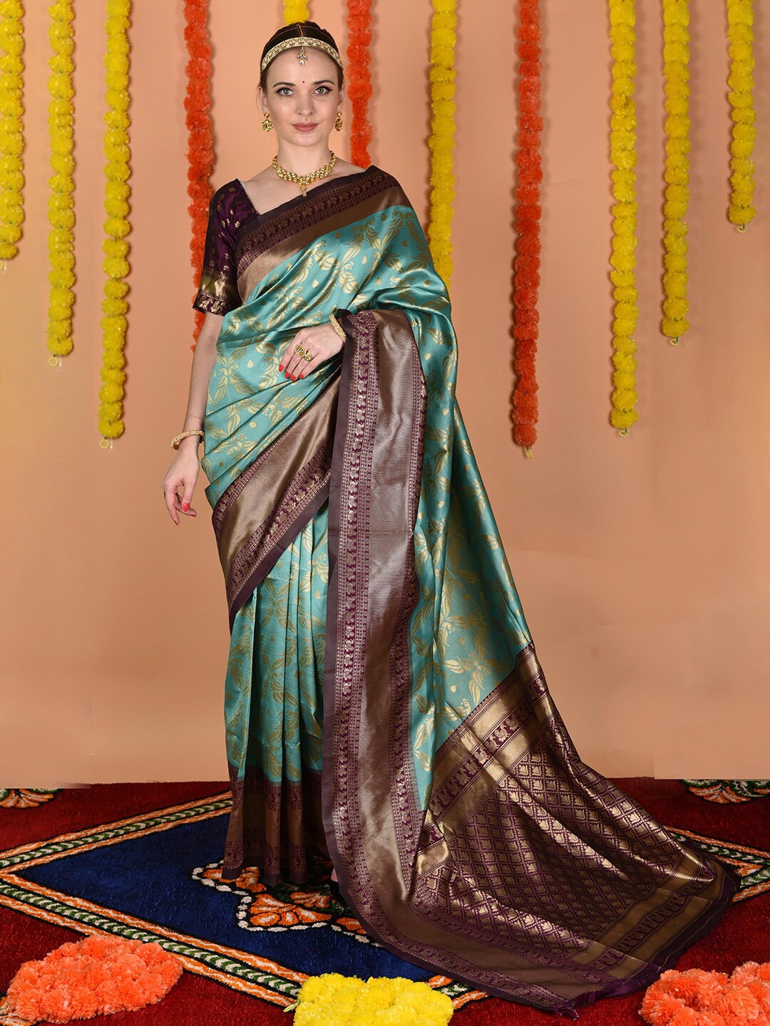 

Anouk Ethnic Motifs Woven Design Zari Art Silk Saree, Turquoise blue