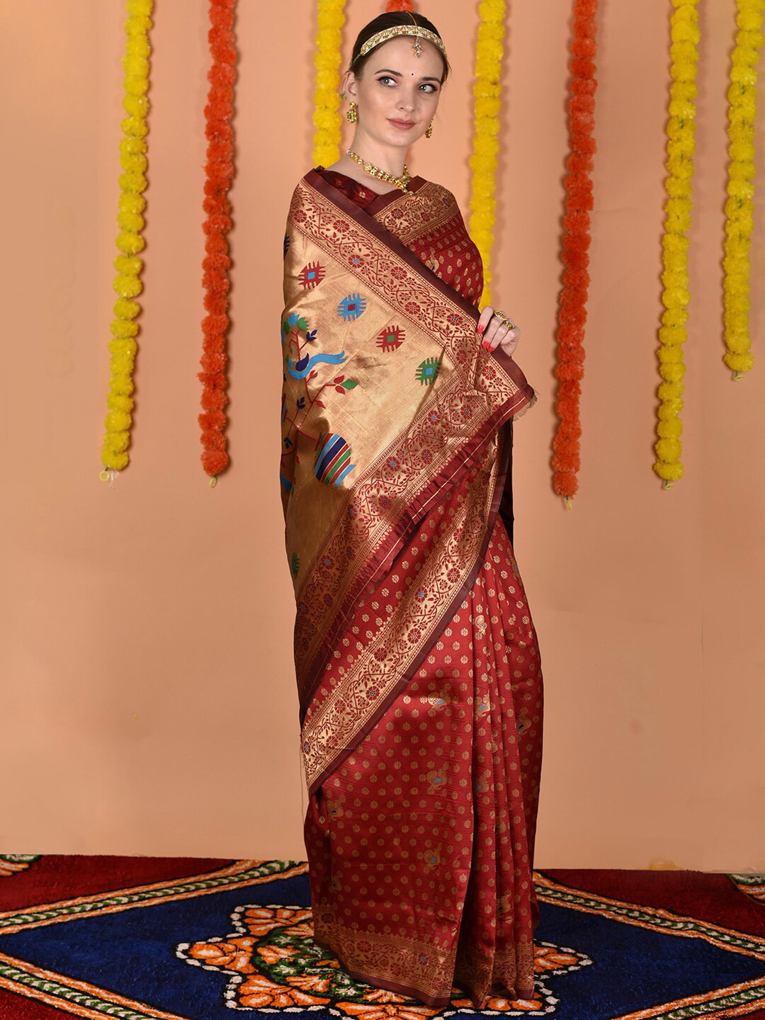 

Anouk Ethnic Motifs Woven Design Zardozi Art Silk Saree, Red