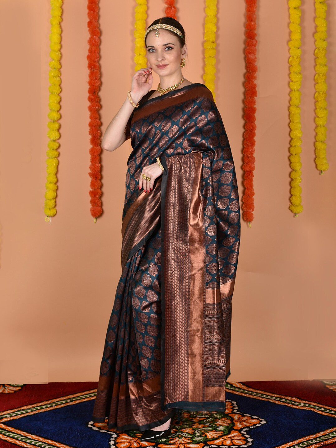 

Anouk Navy Blue & Copper Toned Ethnic Motifs Woven Design Zari Jacquard Banarasi Saree