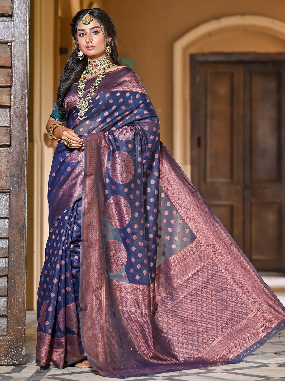 

Anouk Rustic Ethnic Motifs Woven Design Zari Linen Blend Saree, Blue