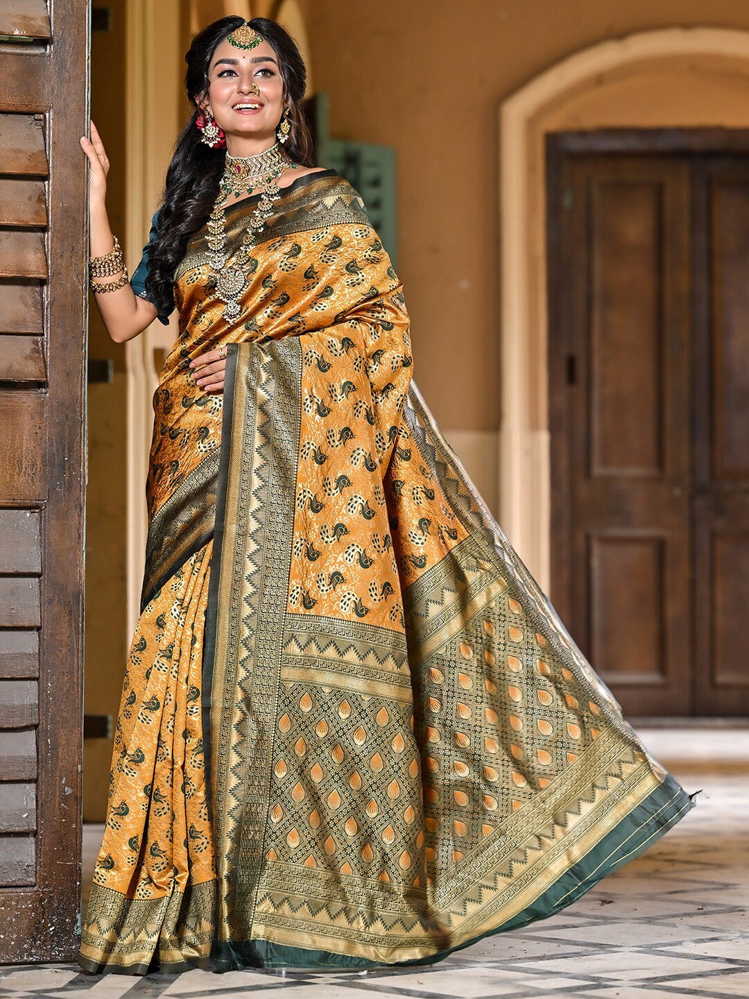 

Anouk Ethnic Motifs Woven Design Zari Art Silk Kanjeevaram Saree, Yellow