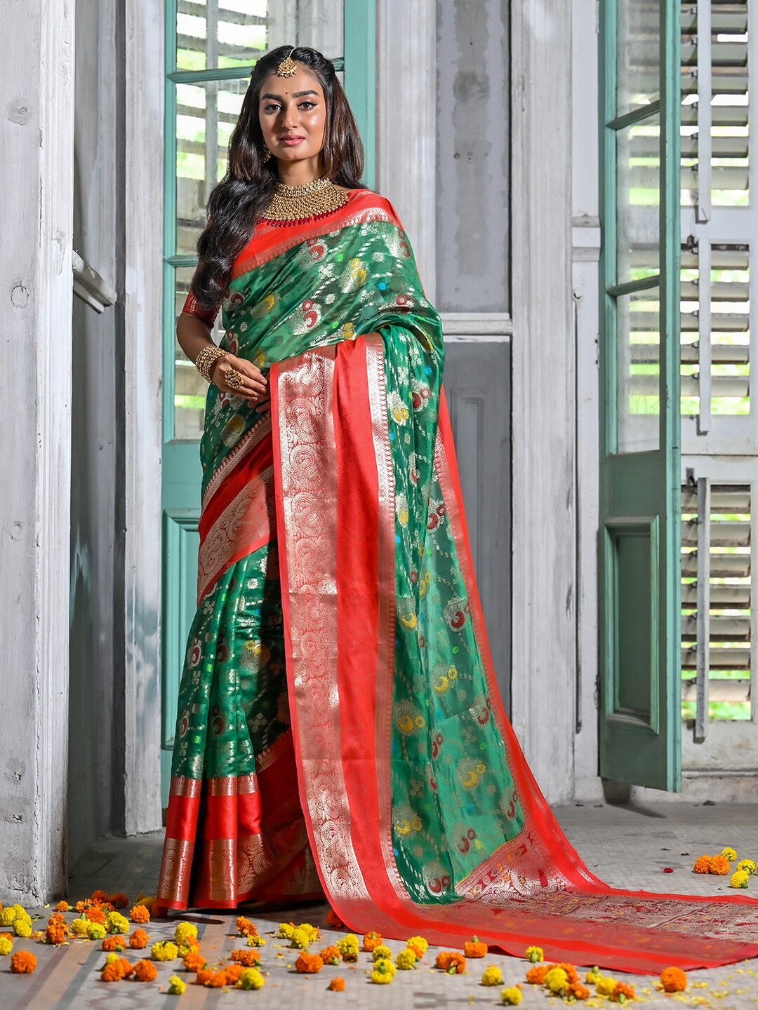 

Anouk Ethnic Motifs Woven Design Zari Art Silk Saree, Green