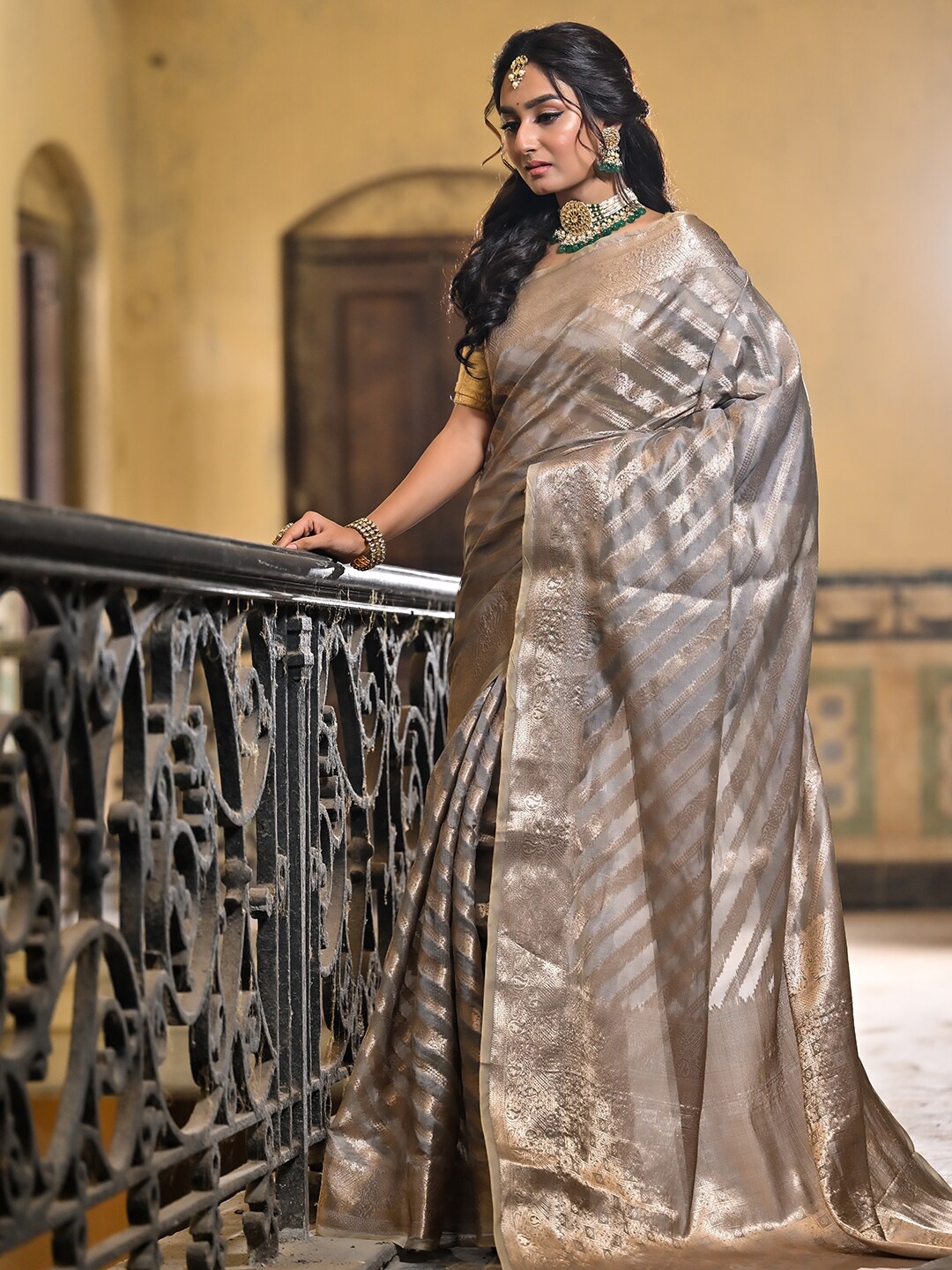 

Anouk Ethnic Motifs Woven Design Zari Art Silk Saree, Grey