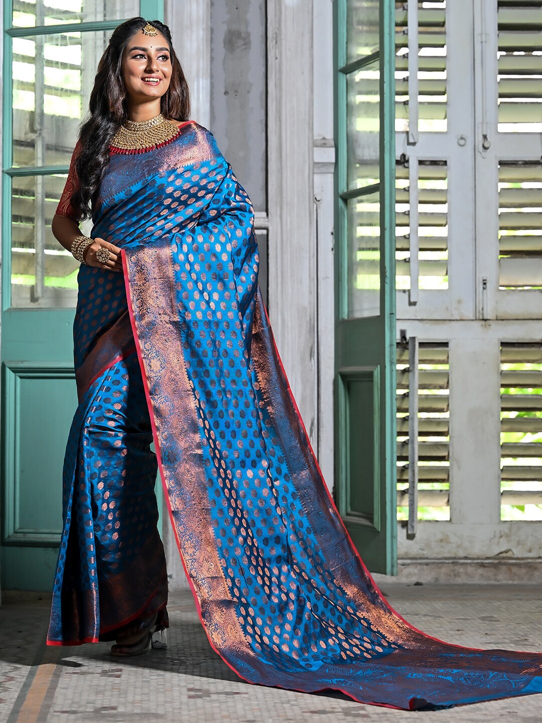 

Anouk Blue & Gold-Toned Ethnic Motifs Woven Design Zari Jacquard Banarasi Saree