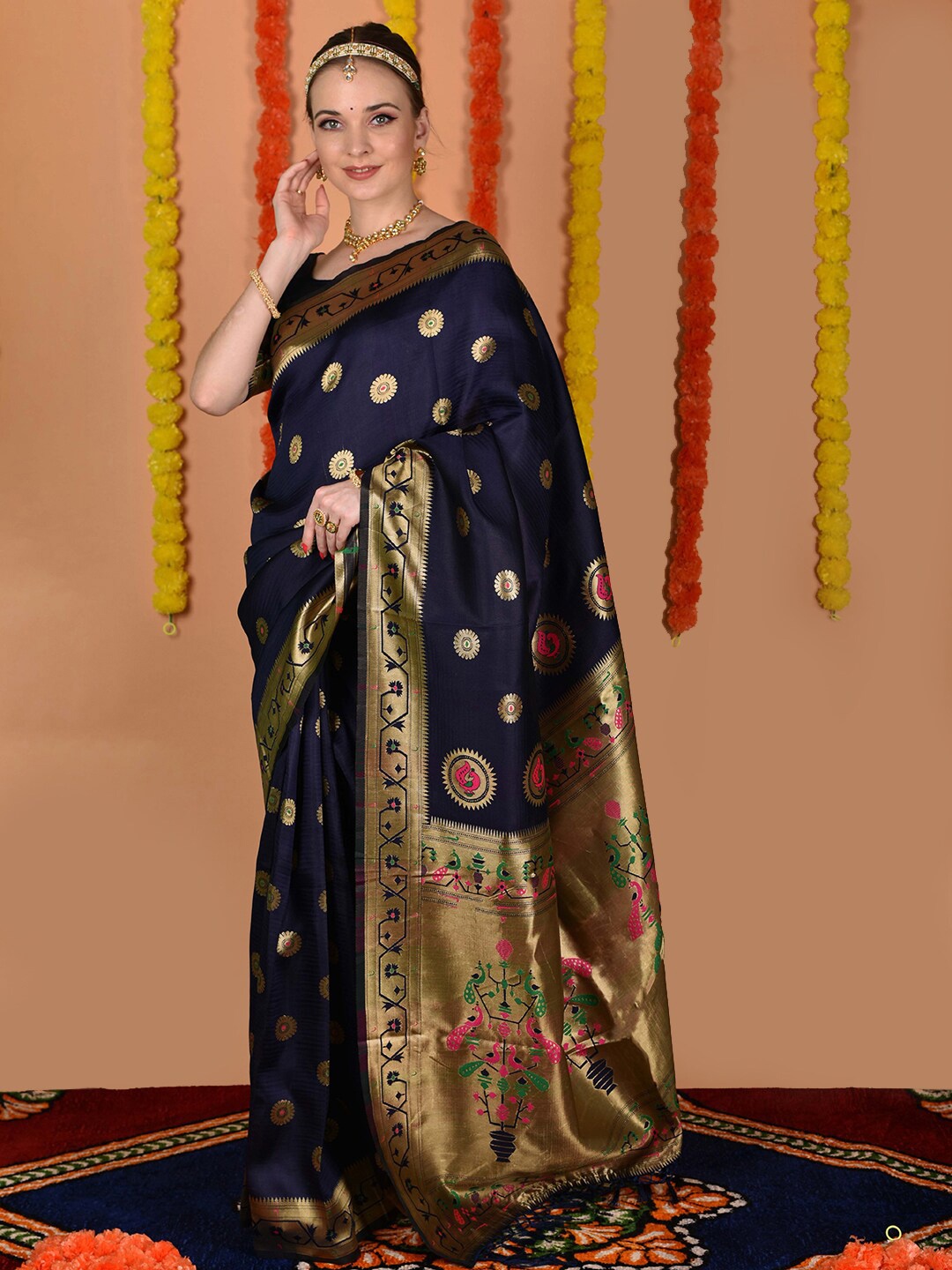 

Anouk Navy Blue & Gold Toned Ethnic Motifs Woven Design Zari Paithani Saree