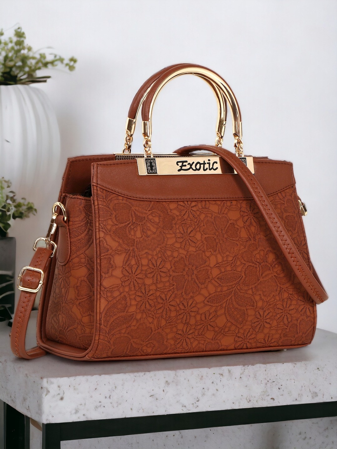 

Exotic Floral Printed Structured Handheld Bag, Tan