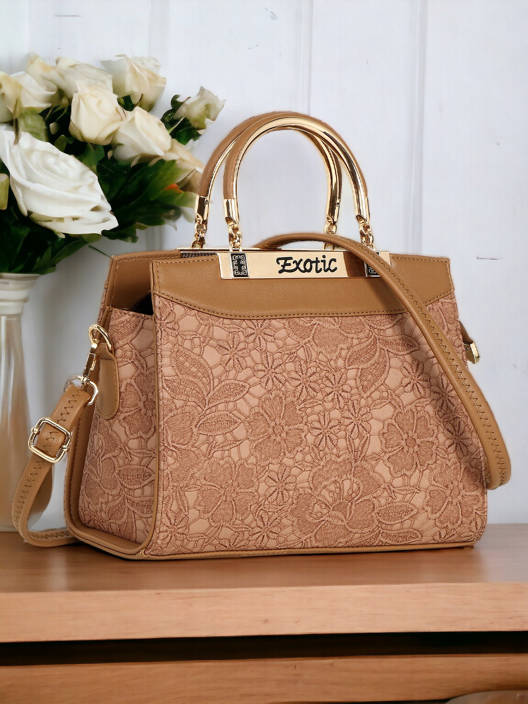 

Exotic Floral Printed Structured Handheld Bag, Beige