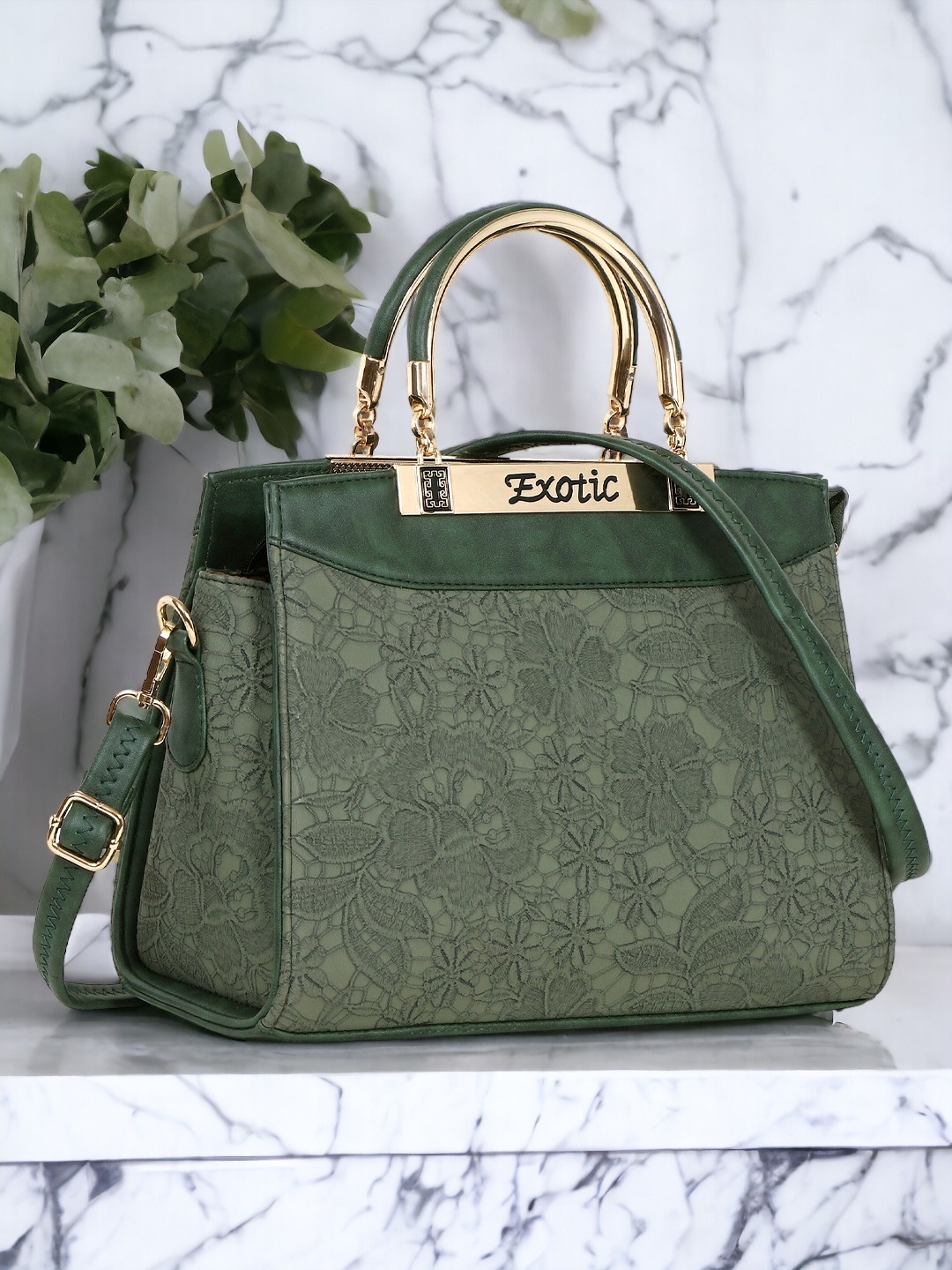 

Exotic Floral Printed Structured Handheld Bag, Green