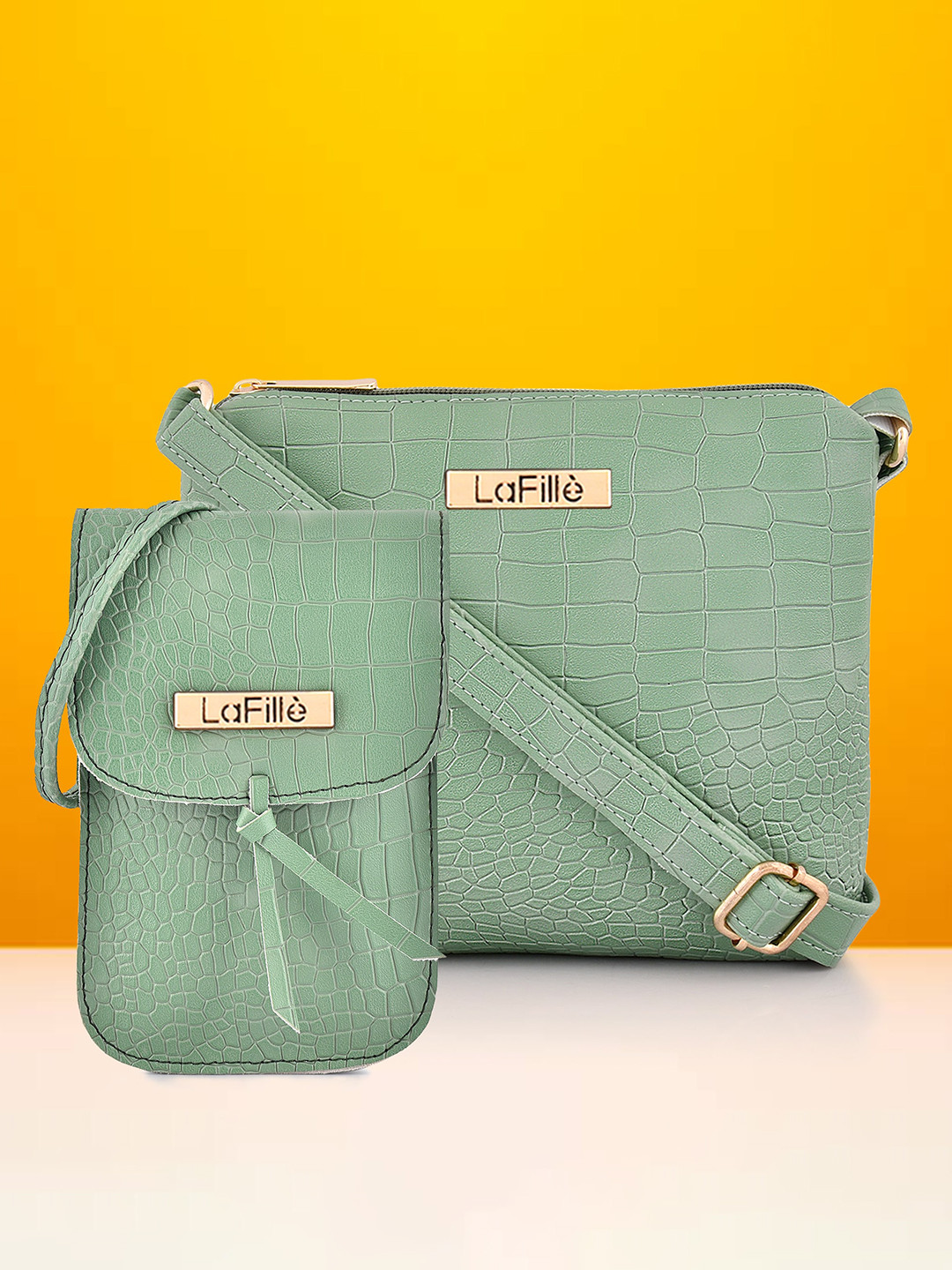 

LaFille Set Of 2 Textured Sling Bag & Mobile Pouch, Green
