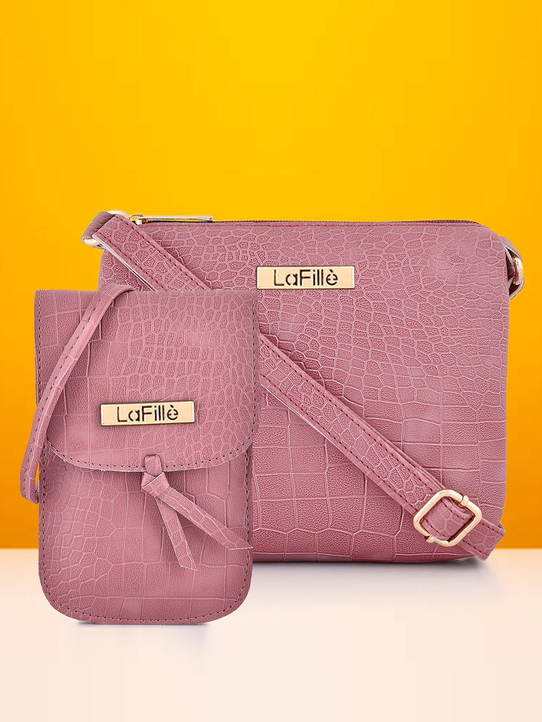 

LaFille Set Of 2 Textured Sling Bag & Mobile Pouch, Pink