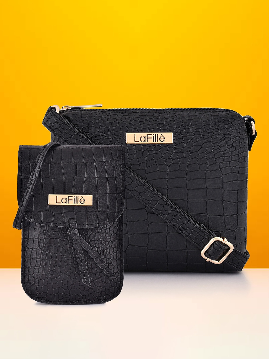 

LaFille Set Of 2 Textured Sling Bag & Mobile Pouch, Black