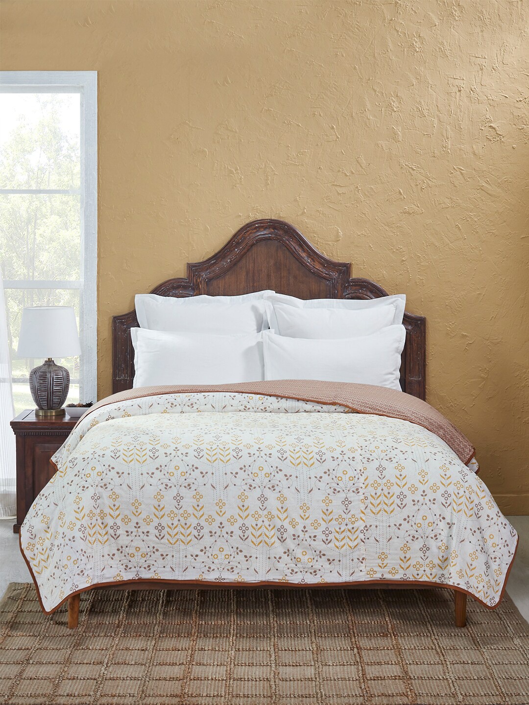 

MYTRIDENT Sanskriti White Yellow Floral Pure Cotton AC Room Single Bed Blanket