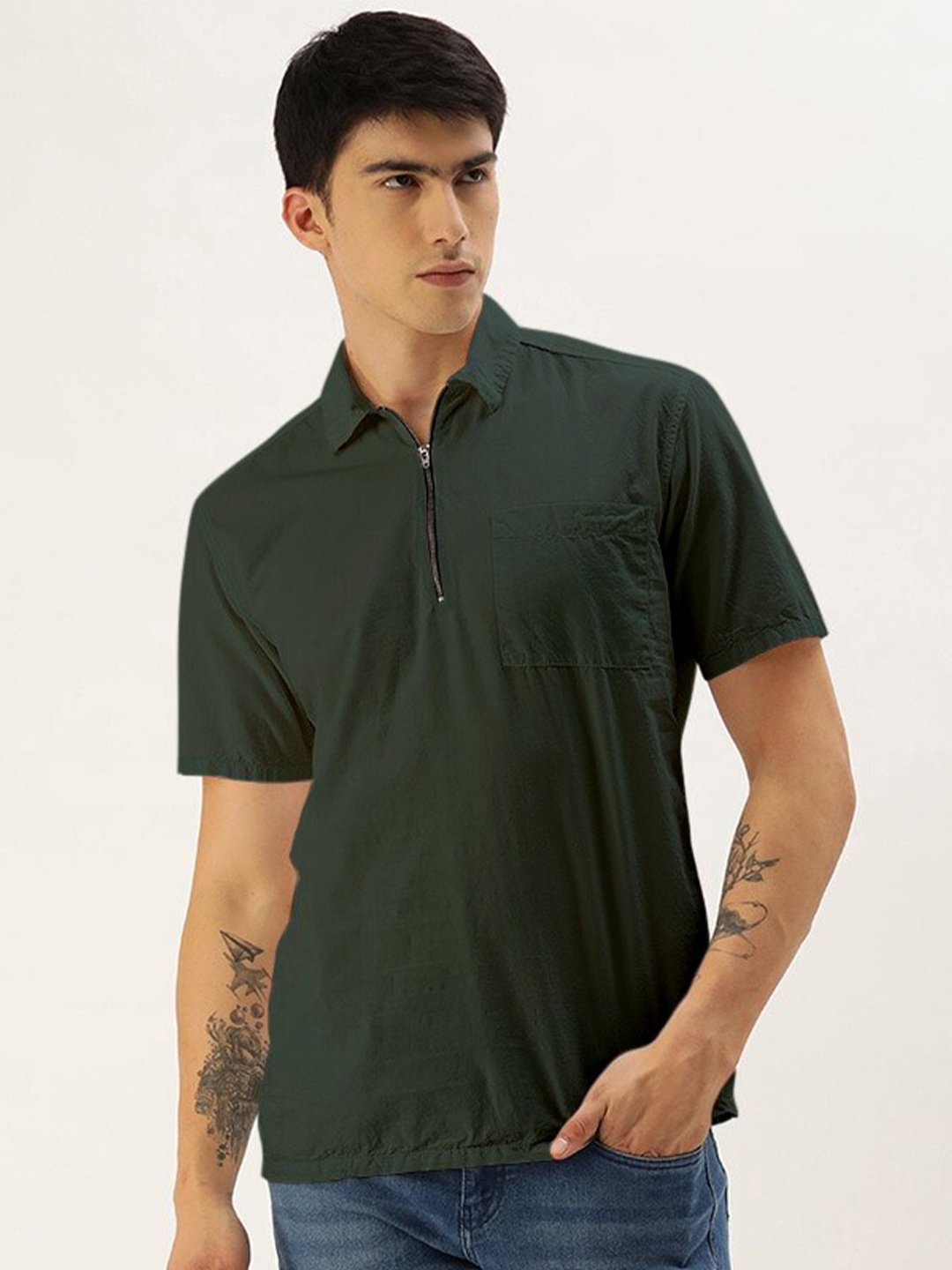 

IVOC Shirt Collar Pure Cotton Casual Shirt, Green