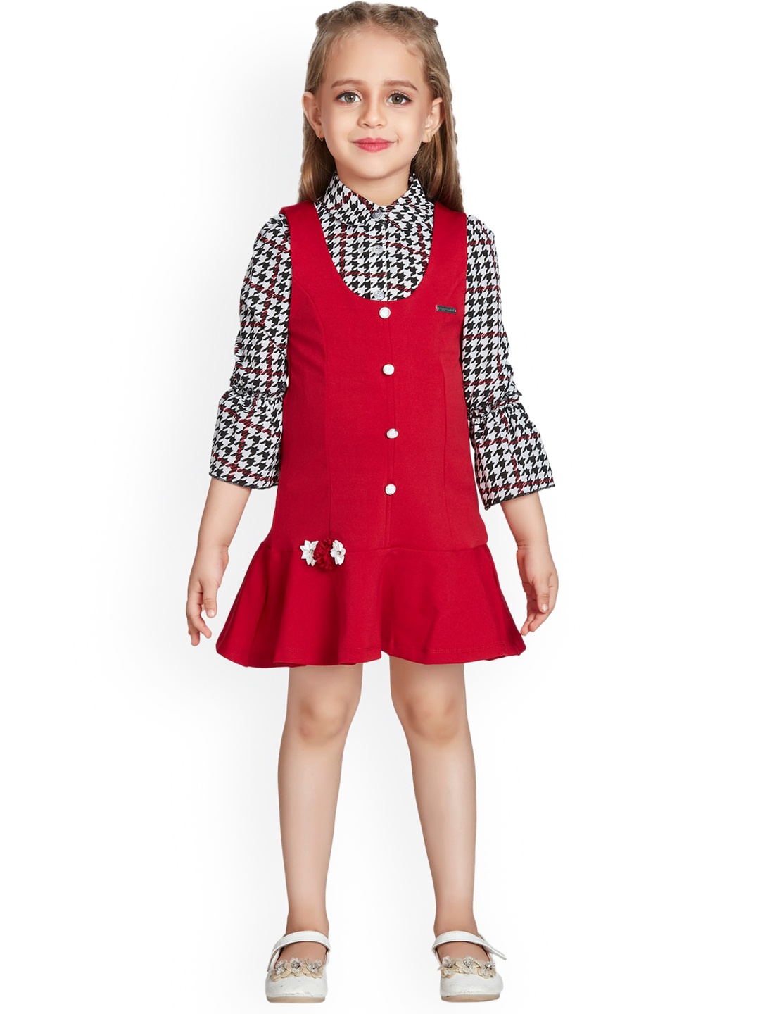 

Peppermint Girls Shoulder Straps Corsage Detailed Pinafore Dress, Red