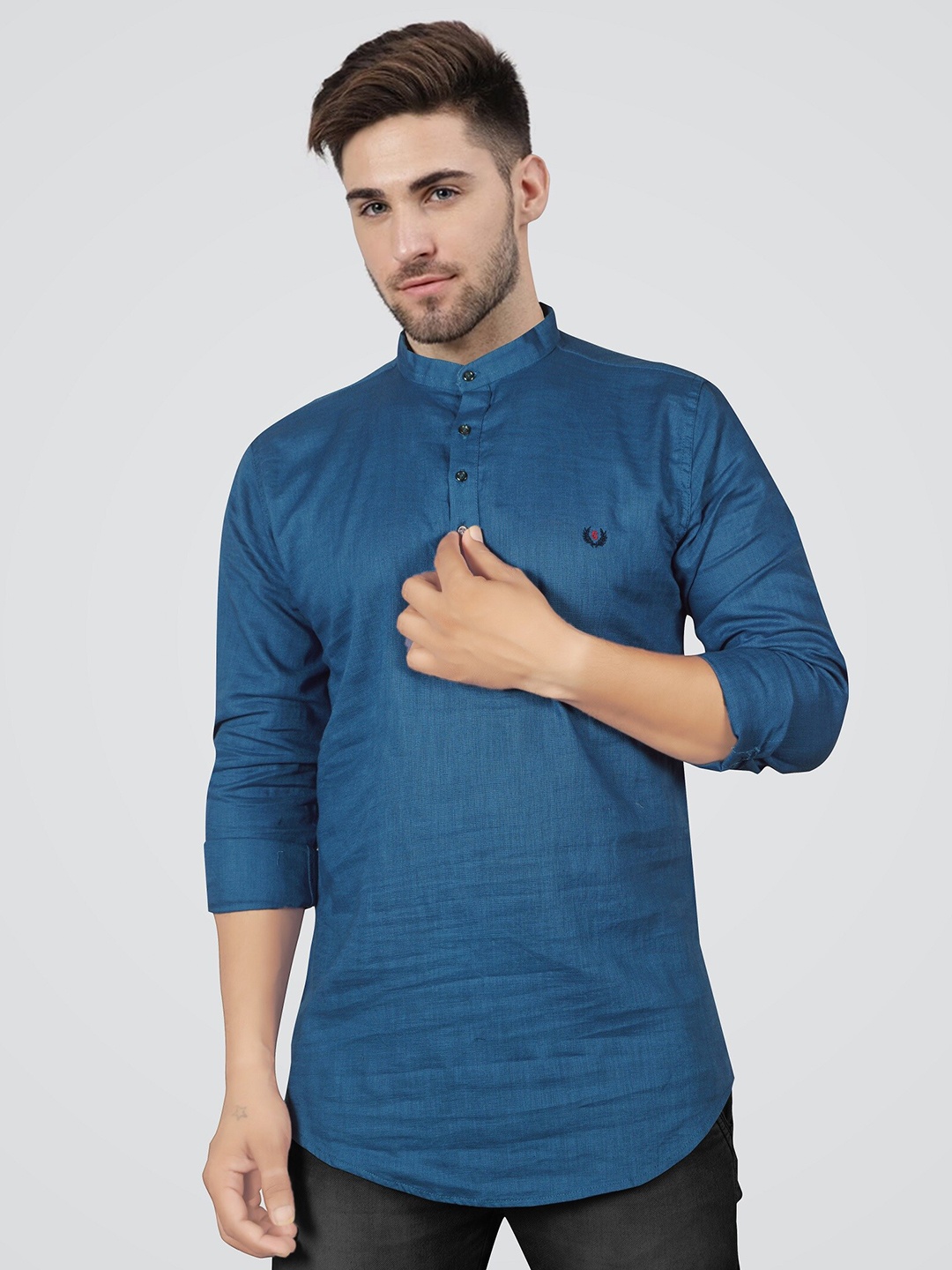 

Jb Just BLACK Classic Slim Fit Band Collar Long Sleeves Casual Shirt, Blue