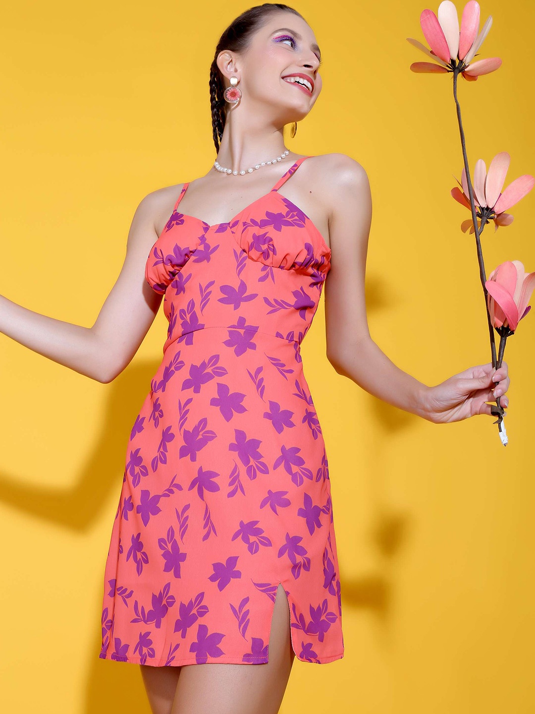 

Stylecast X Hersheinbox Coral Floral Printed Georgette A-Line Dress