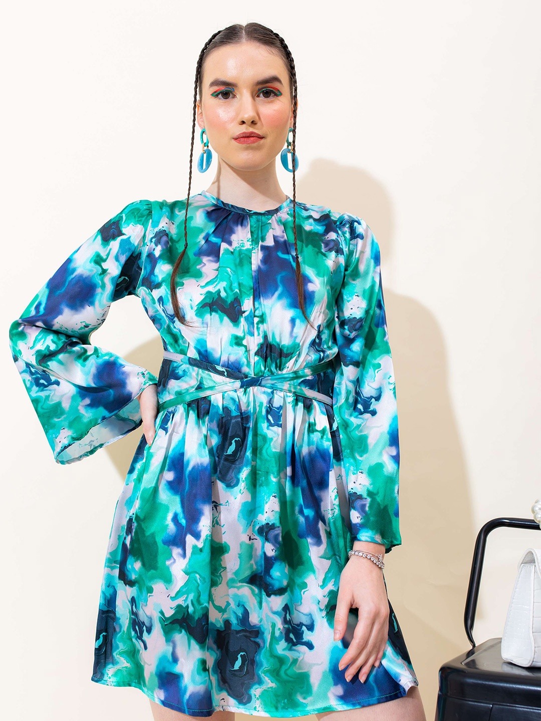 

Stylecast X Hersheinbox Blue Tie and Dye Fit & Flare Mini Dress