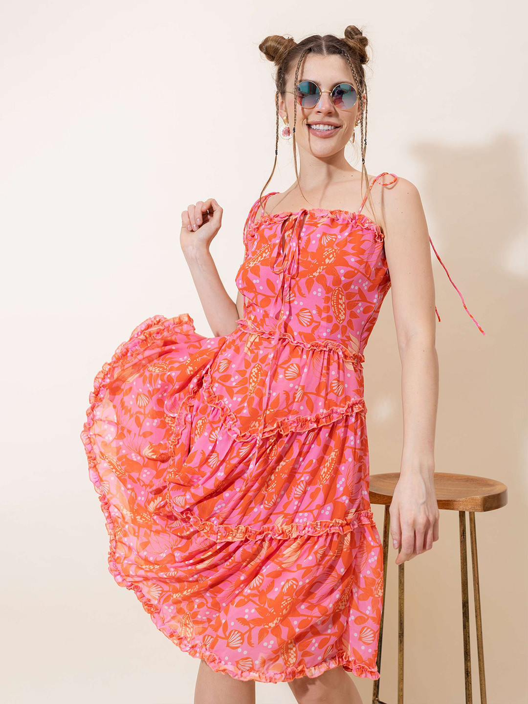 

Stylecast X Hersheinbox Pink & Orange Floral Printed Tiered Georgette Fit & Flare Dress