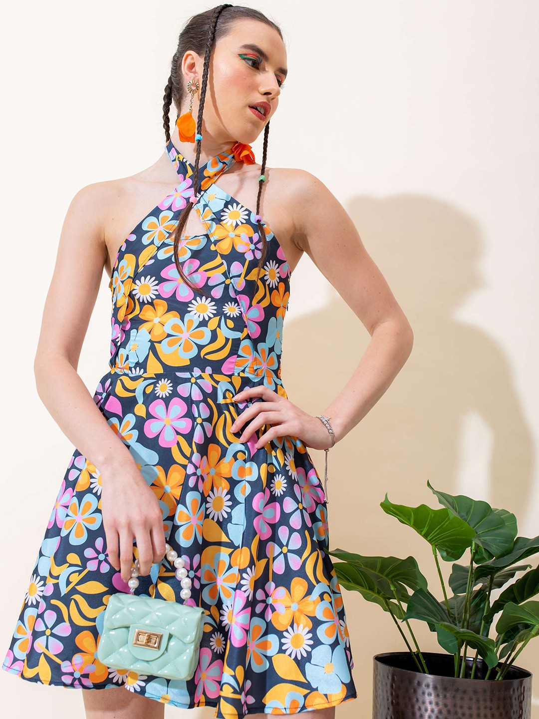 

Stylecast X Hersheinbox Navy Blue Floral Print Halter Neck Fit & Flare Dress