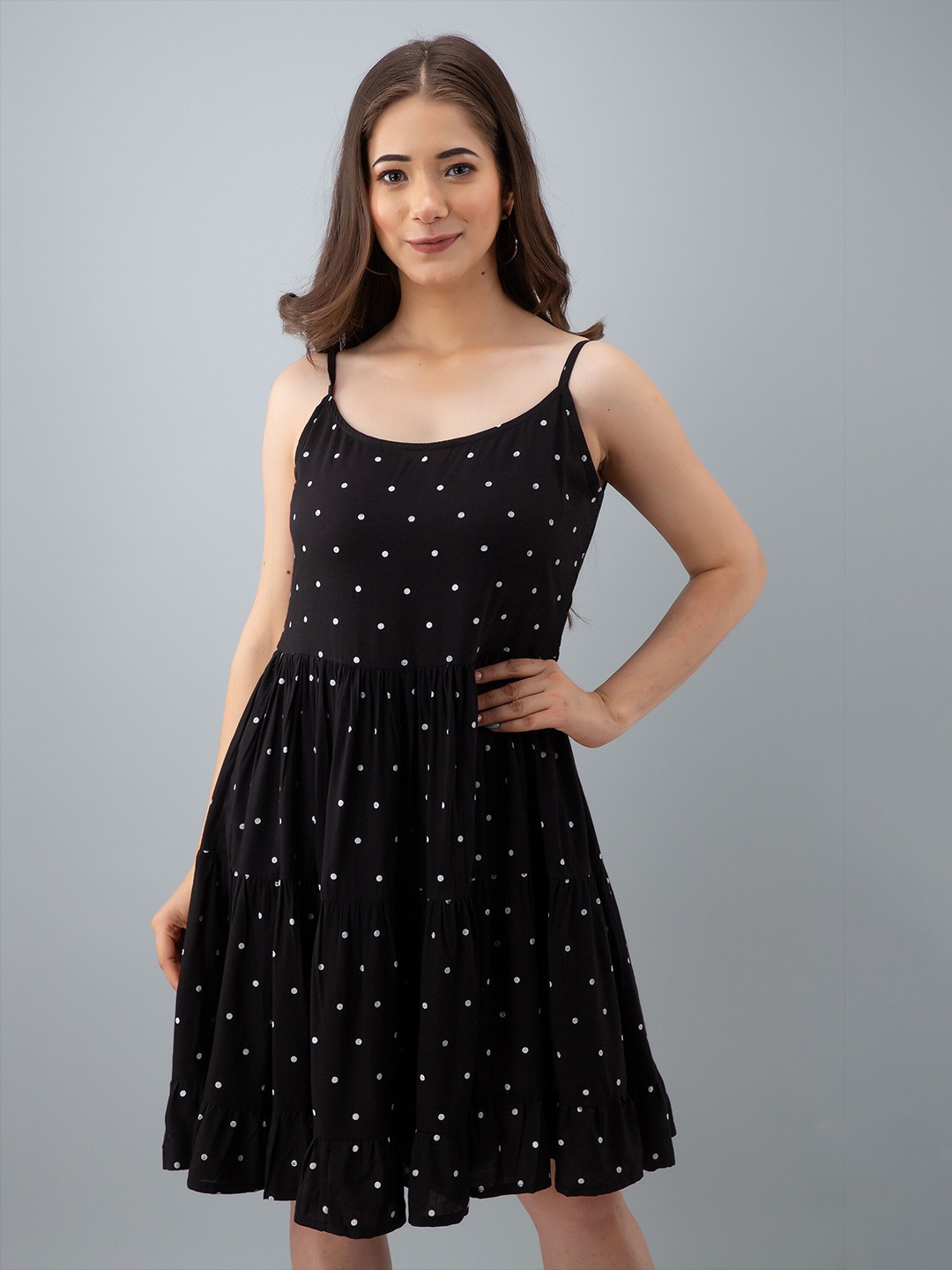 

KALINI Polka Dots Printed Fit & Flare Dress, Black