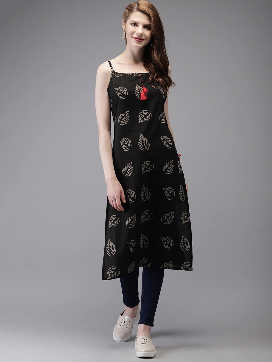 

KALINI Floral Printed Shoulder Straps Straight Kurta, Black