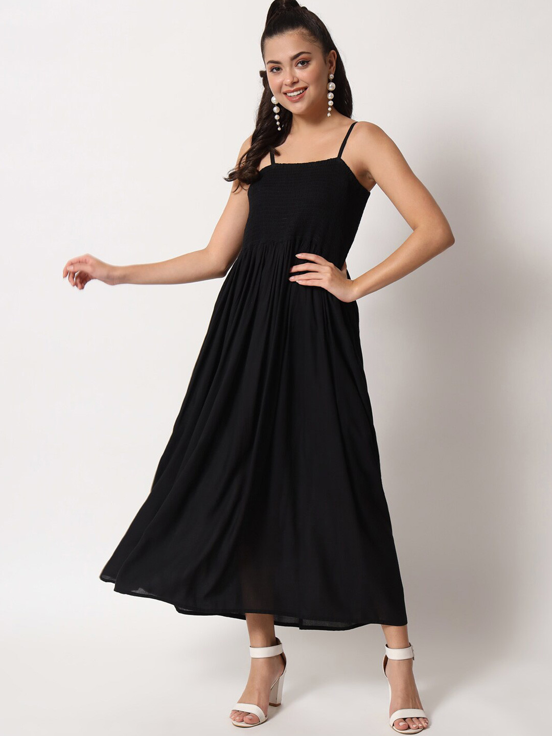 

KALINI Shoulder Straps Gathered or Pleated Maxi Dress, Black