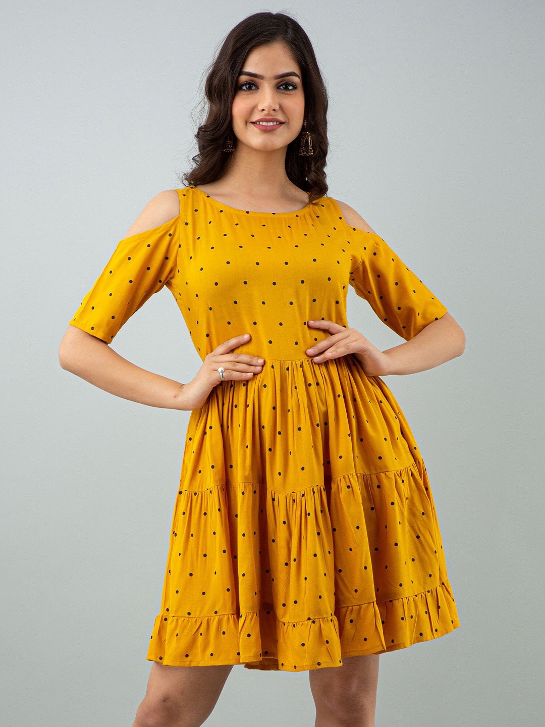 

KALINI Polka Dots Printed Cold-Shoulder Gathered or Pleated Fit & Flare Dress, Mustard