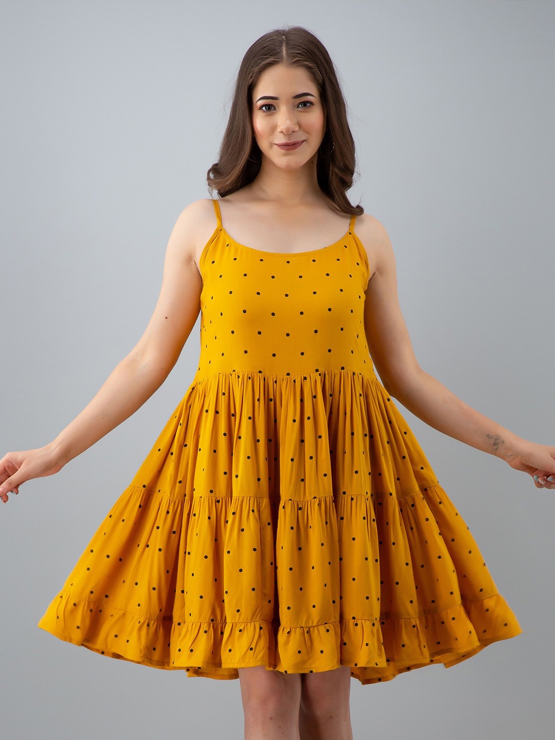 

KALINI Polka Dots Printed Shoulder Straps Gathered or Pleated Fit & Flare Dress, Mustard