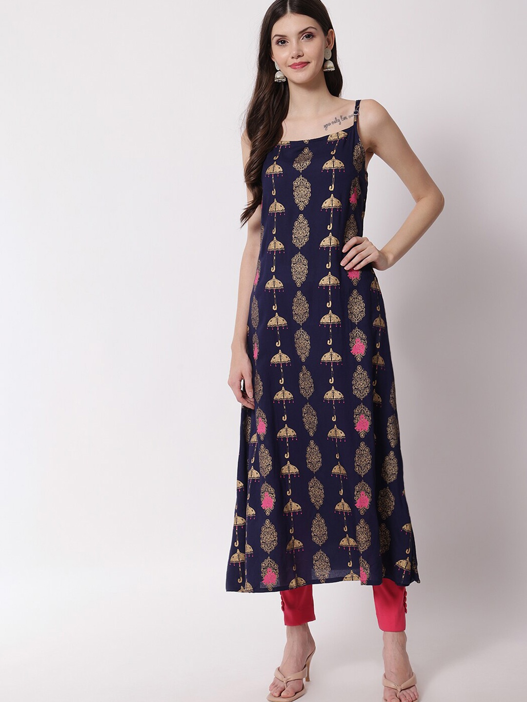 

KALINI Ethnic Motifs Printed Shoulder Strapped Anarkali Kurta, Navy blue