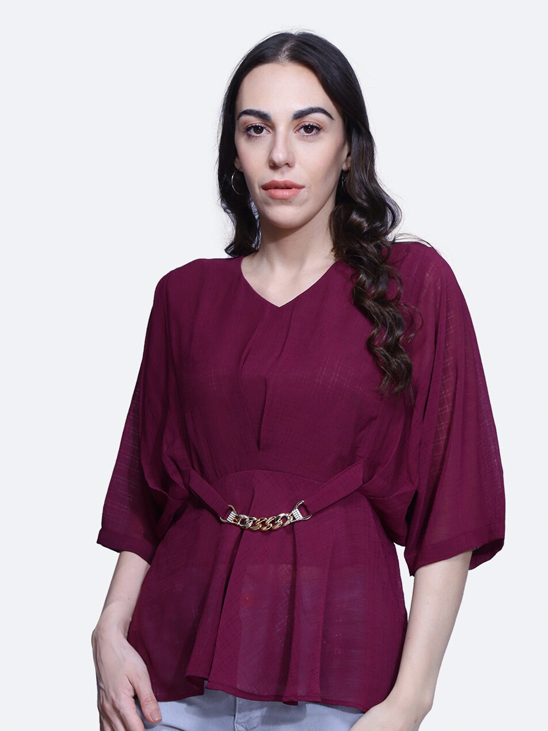 

BAESD Puff Sleeves V-Neck Gathered Cinched Waist Top, Maroon