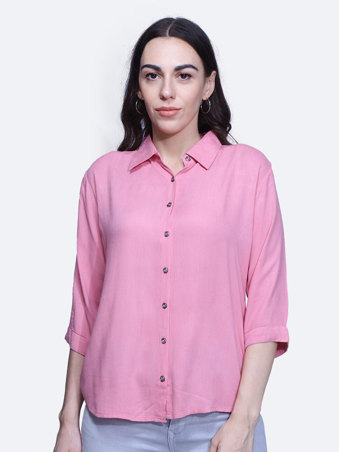 

BAESD Cuffed Sleeves Shirt Style Top, Pink