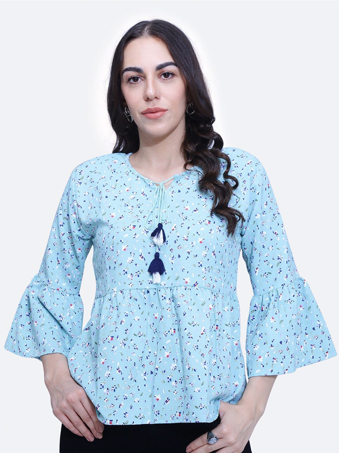 

BAESD Floral Printed Bell Sleeves Tie-Up Neck A-Line Top, Blue