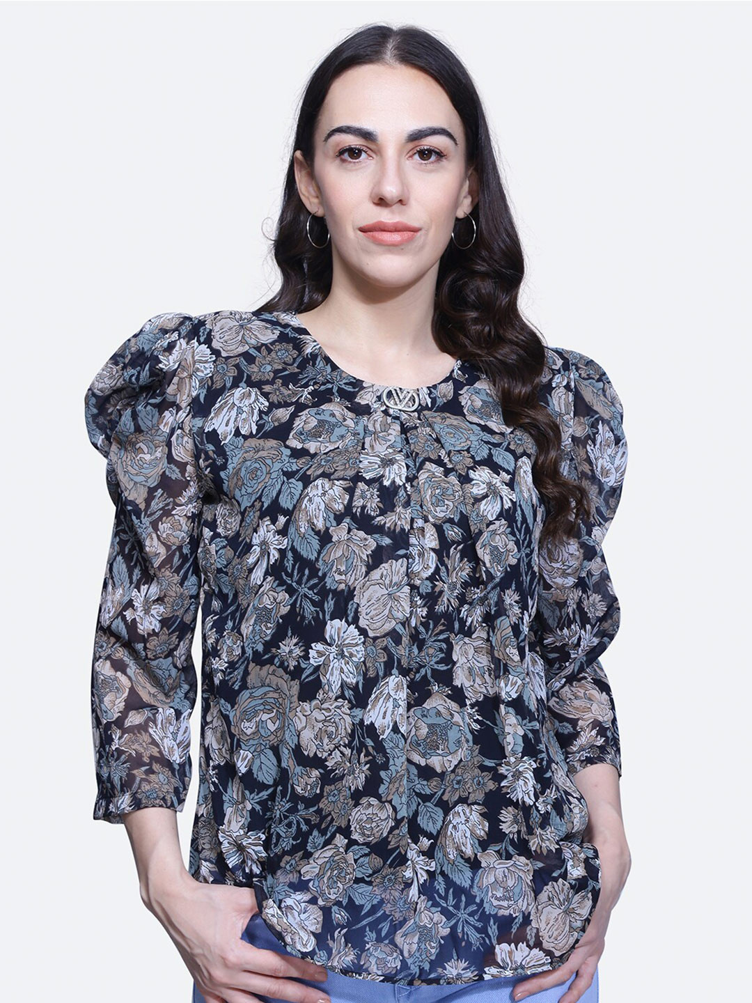 

BAESD Floral Printed Puff Sleeves Pleated Top, Black