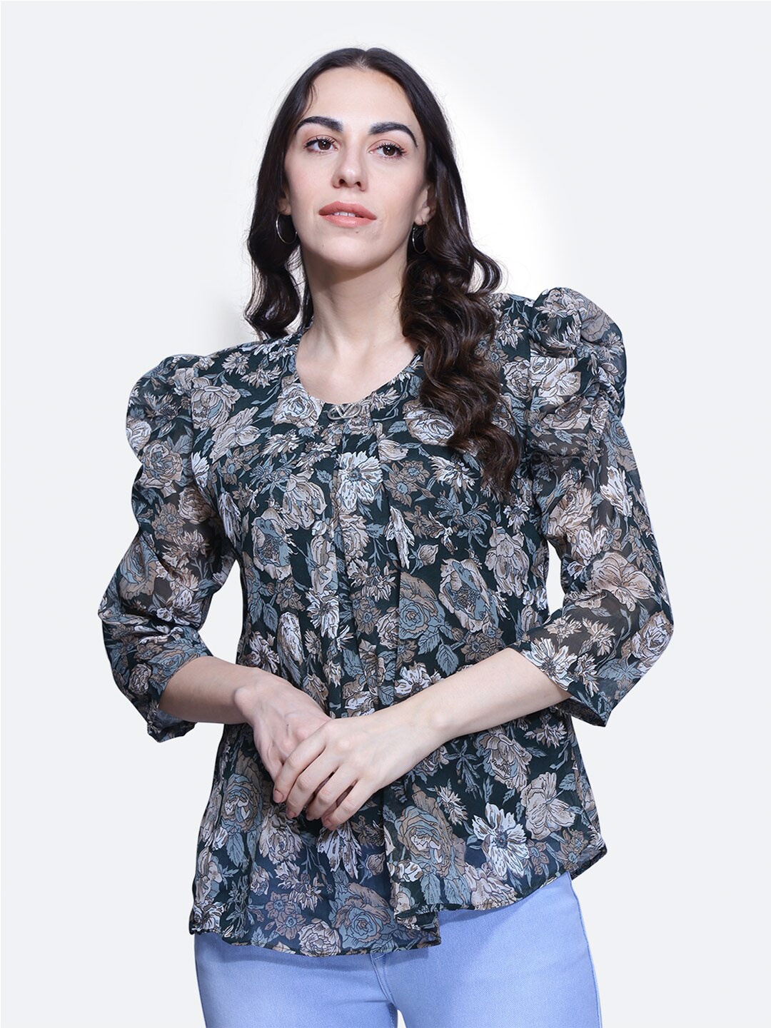 

BAESD Floral Printed Pleated Puff Sleeves Top, Green
