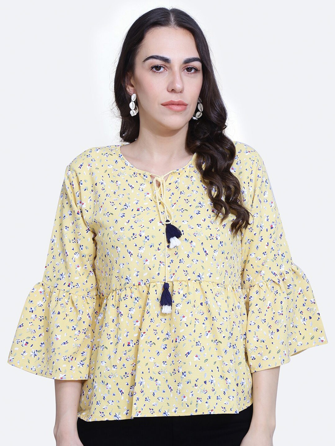 

BAESD Floral Printed Tie-Up Neck Bell Sleeve Top, Yellow