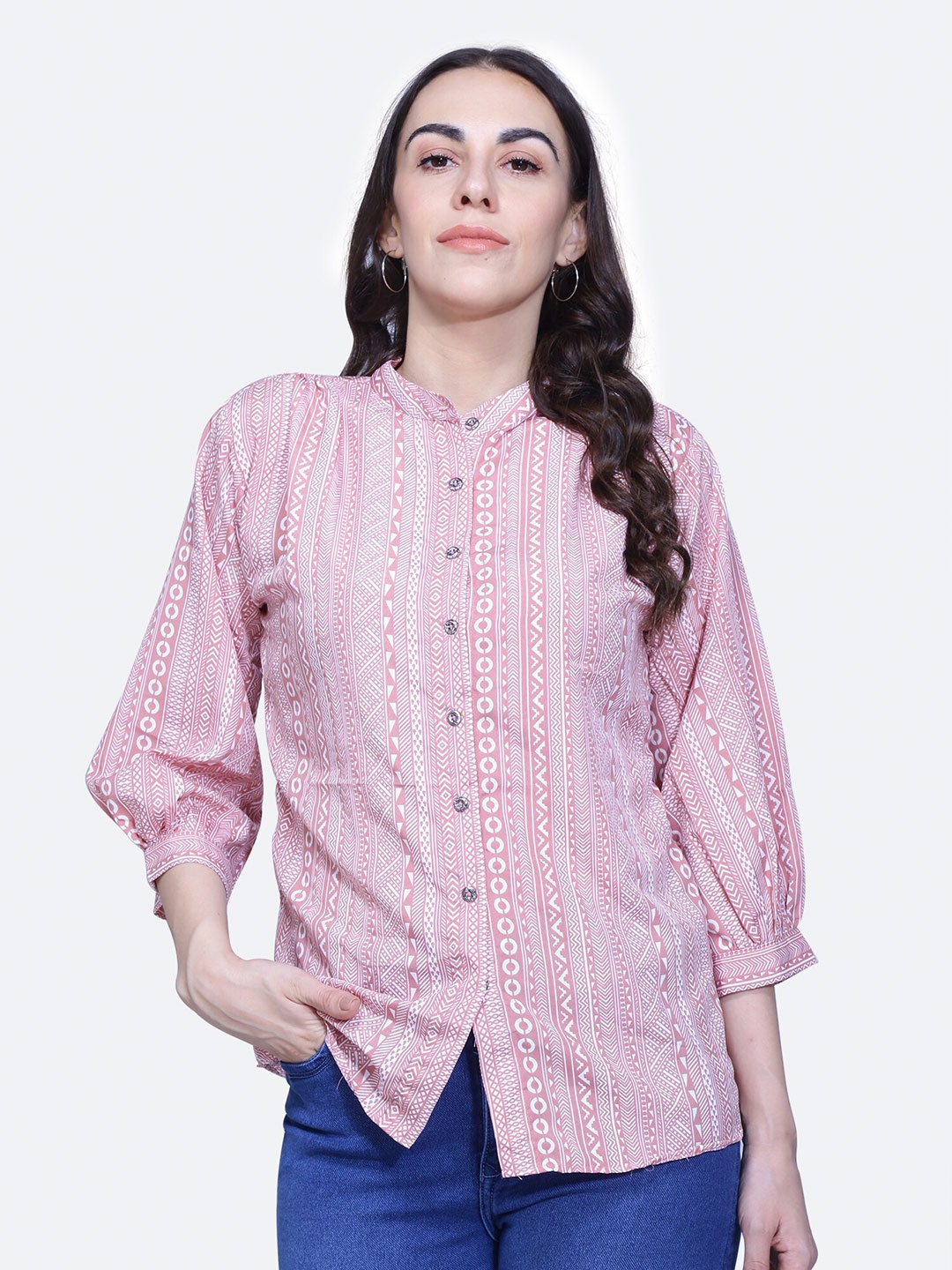 

BAESD Geometric Print Band Collar Shirt Style Top, Pink