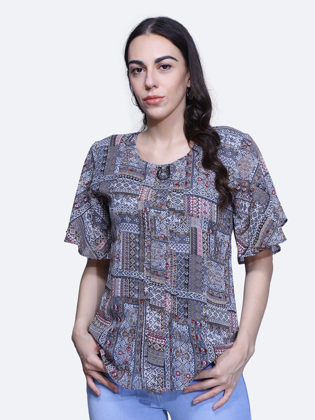 

BAESD Abstract Printed Flared Sleeve Top, Black