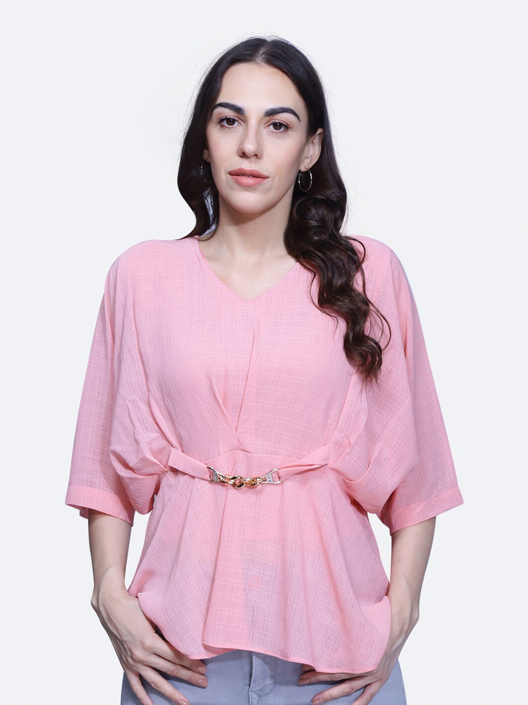

BAESD Checked V-Neck Kimono Sleeve A-Line Top, Pink
