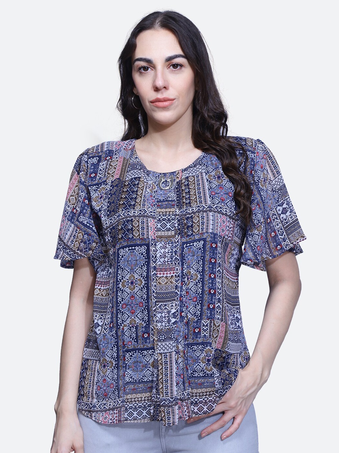 

BAESD Ethnic Motifs Printed Flared Sleeves Top, Blue