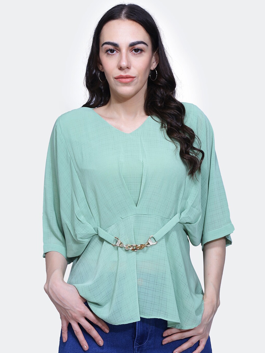 

BAESD Checked Batwing Sleeves Top, Green